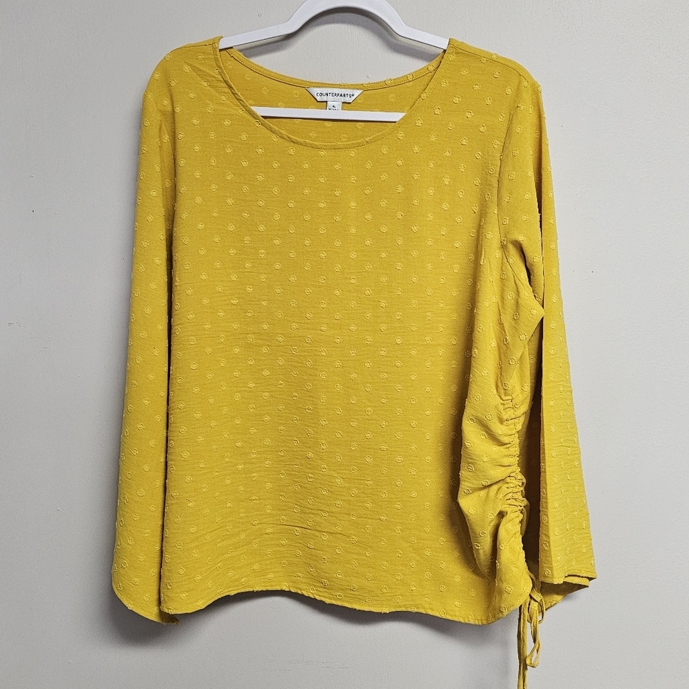 Counterparts Mustard Yellow Swiss Dot Long‎ Sleeve Side Scrunch Blouse